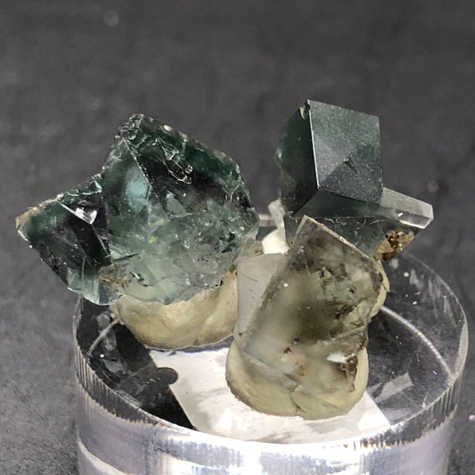 A close-up showcases three cubically shaped green fluorite crystals from The Crystalary's AUCTION- Fluorite- Rainbow's End Pocket, Lady Annabella, Co Durham, UK. They rest on a transparent stand against a dark background, revealing translucent and opaque surfaces.