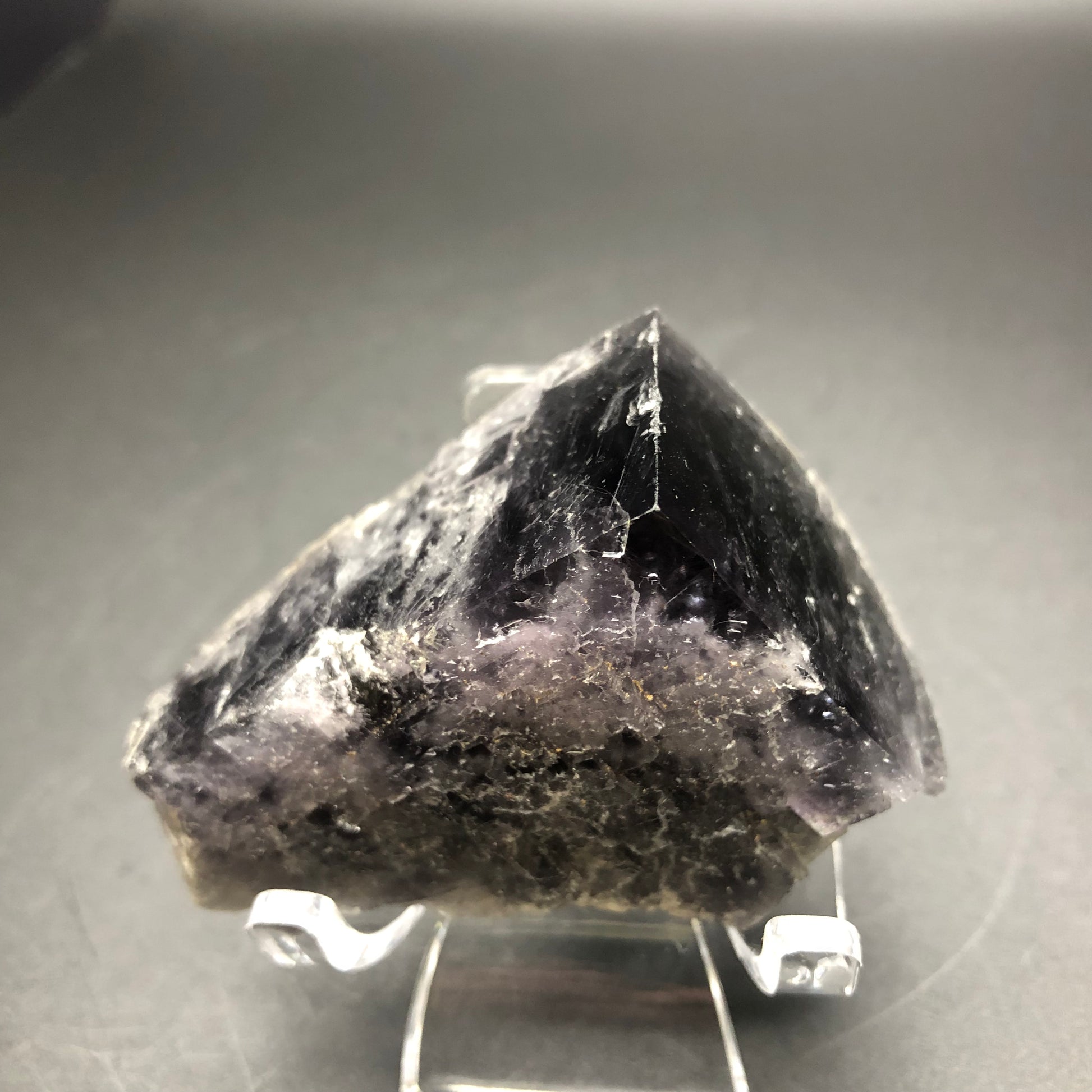 A Fluorite crystal from The Crystalary's Purple Rain Pocket collection at the Lady Annabella Mine is showcased on a clear stand. Its rugged surface features dark purple and gray hues beneath a plain, light gray backdrop.