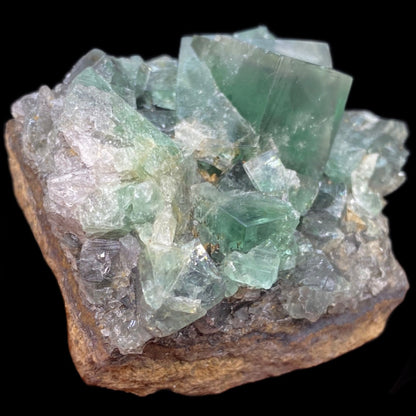 A close-up photo of The Crystalary's Fluorite- Rainbow's End Pocket specimen from the Lady Annabella mine in Co Durham, UK, perched on a brownish rock matrix. The clear green fluorite crystals have a cubic structure with well-defined edges and smooth faces, exhibiting varying shades from light to darker green. The background is black.