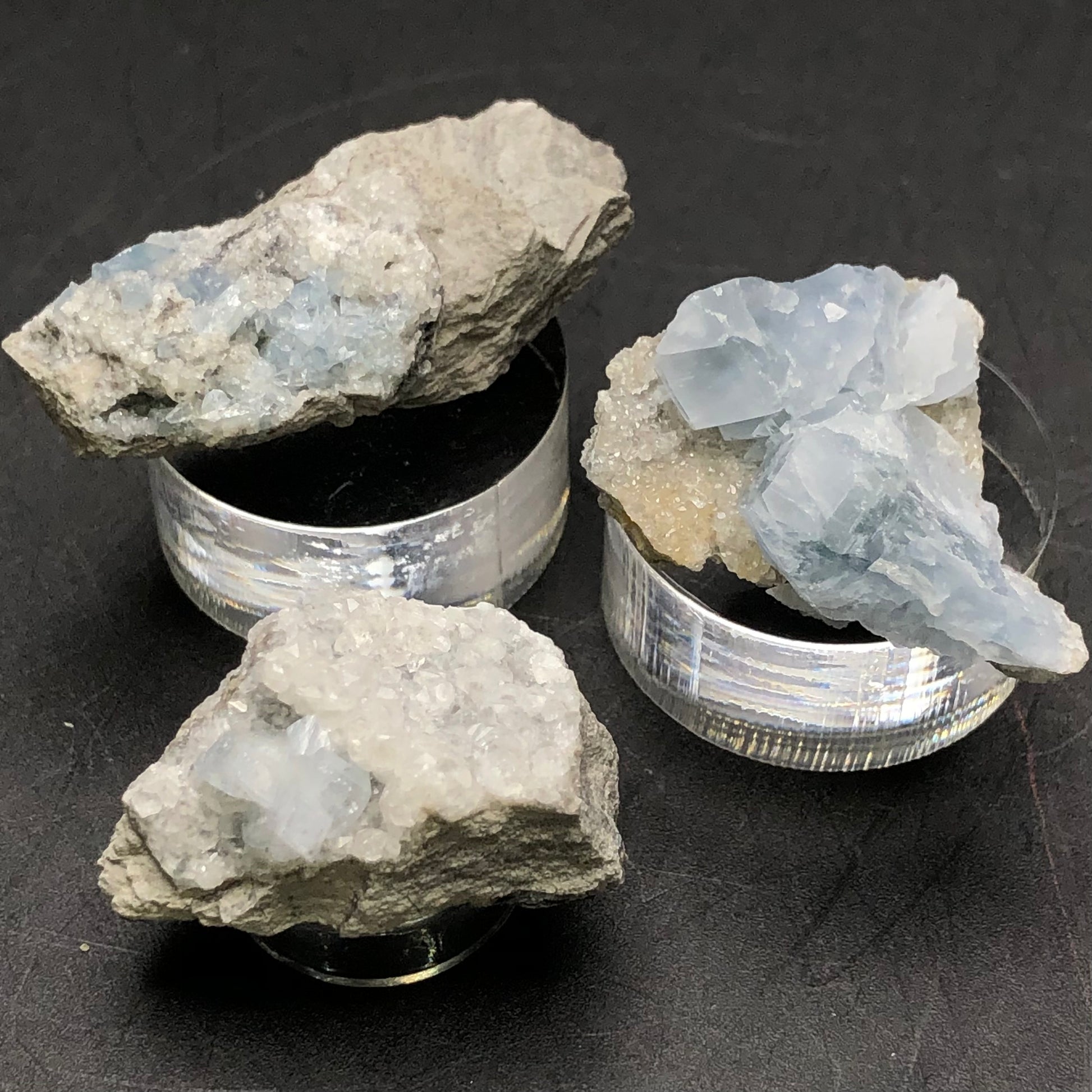 Displayed against a black background on clear stands are three mineral samples: "AUCTION- Celestine- Meckley's Quarry, Mandata, Northumberland County, Pennsylvania, USA" from The Crystalary, featuring celestine miniatures with light blue crystalline formations on rough rock bases.