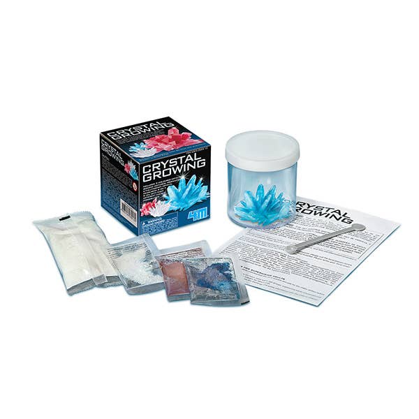 Introducing the 4M Crystal Growing Easy STEM Science Experiment by Toysmith, an all-inclusive crystal growing kit with numerous components well-organized for your convenience. This comprehensive kit includes a small plastic container with a lid, a blue formed crystal, packets of crystal-growing chemicals, a stirring stick, and informative instruction sheets. The box features striking images of red and blue crystals to inspire your scientific endeavors.