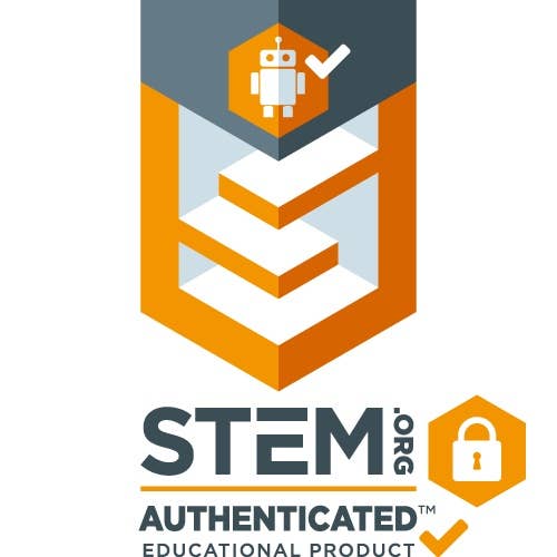 A badge illustration showing a staircase leading up to a robot icon with a checkmark. Below it, the text reads "STEM.org AUTHENTICATED EDUCATIONAL PRODUCT" with a padlock icon in the bottom right, symbolizing the quality assurance of your Toysmith 4M Crystal Growing Easy STEM Science Experiment kit.