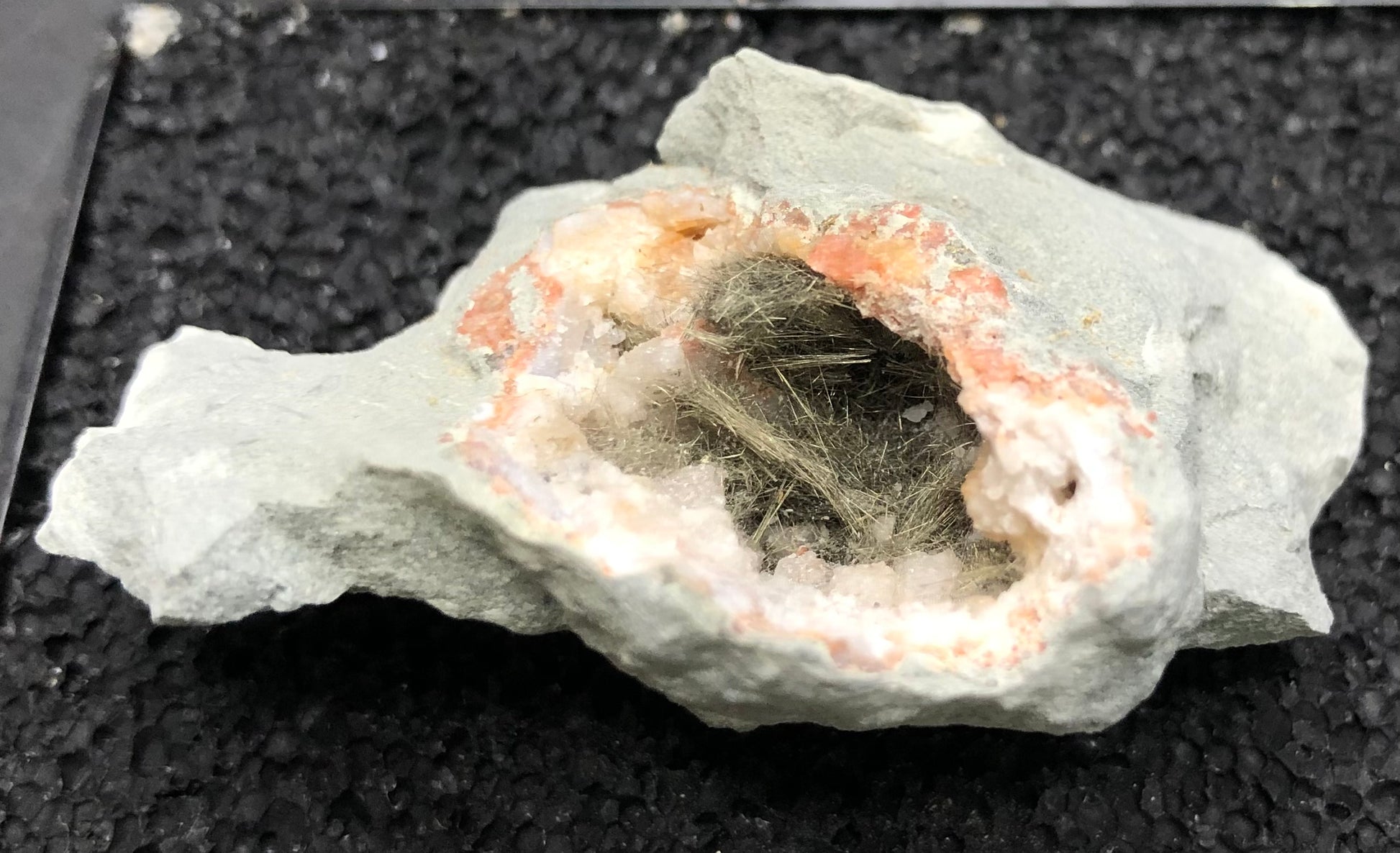 A close-up view of the AUCTION- Millerite (locality unknown) by The Crystalary showcases a rough, light gray rock with a cavity filled with fibrous green crystals reminiscent of millerite. Its exterior features hints of reddish-orange coloration, similar to that of a druzy quartz geode. The rock is elegantly displayed on a textured black surface.