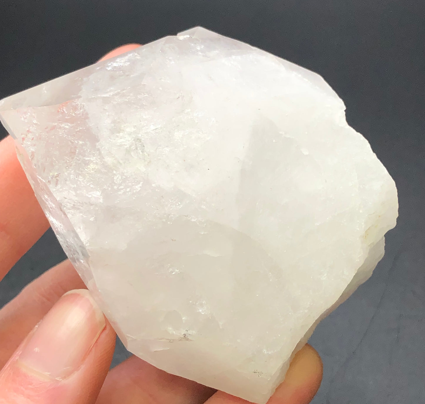 A close-up shot features a hand holding The Crystalary's AUCTION- Quartz- unk locality, a large, translucent quartz point. Set against a dark background, this remarkable crystal displays transparency with its irregular shape and combination of smooth surfaces and rough edges.