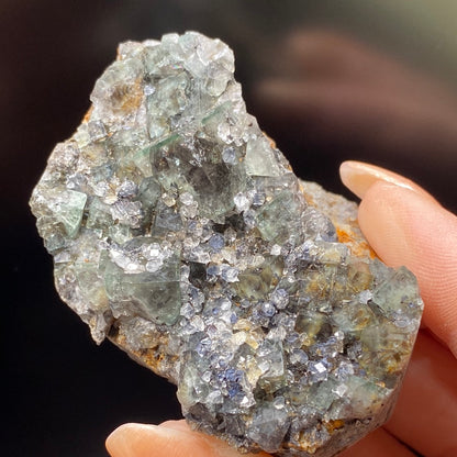 A hand holds a rough piece of Fluorite- Northern Lights Pocket from the Diana Maria Mine in Co. Durham, England, showcasing a cluster of irregularly shaped, translucent green and blue crystals. The dark and blurred background makes the details of the mineral specimen stand out prominently. This exquisite piece is brought to you by The Crystalary.