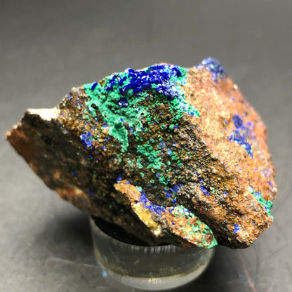 The Crystalary offers an exquisite specimen from the Apex Mine in Utah, featuring a rugged rock with a brown base adorned with striking azurite and malachite deposits. It is elegantly presented on a clear stand against a dark backdrop.