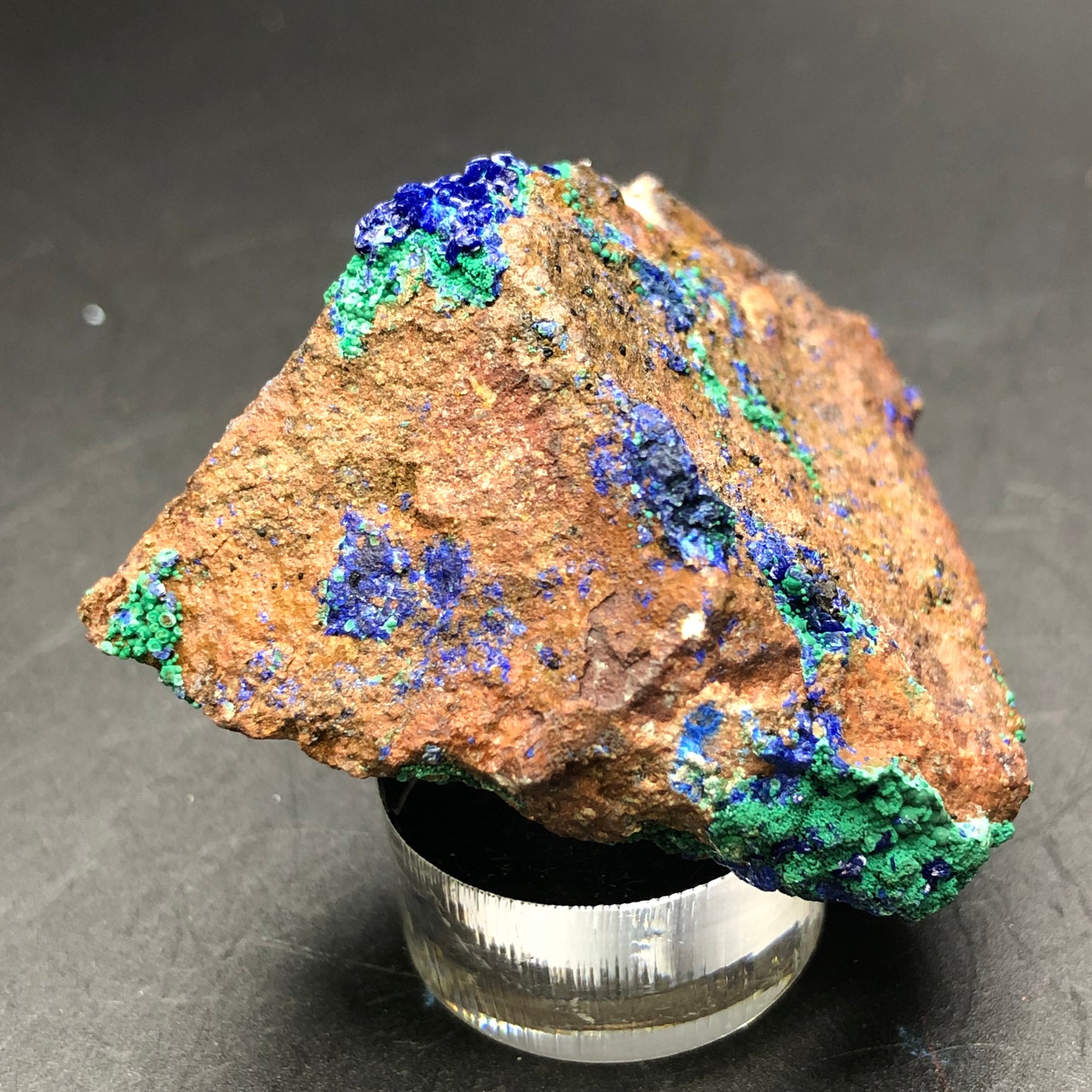 The Crystalary's AUCTION-Azurite, Malachite specimen from the Apex Mine in the Tutsagubet Mining District of Washington County, Utah, presents vibrant azurite and malachite mineral deposits set against a black background. The minerals stand out with a striking contrast against the brownish stone, highlighting a rugged and colorful texture.