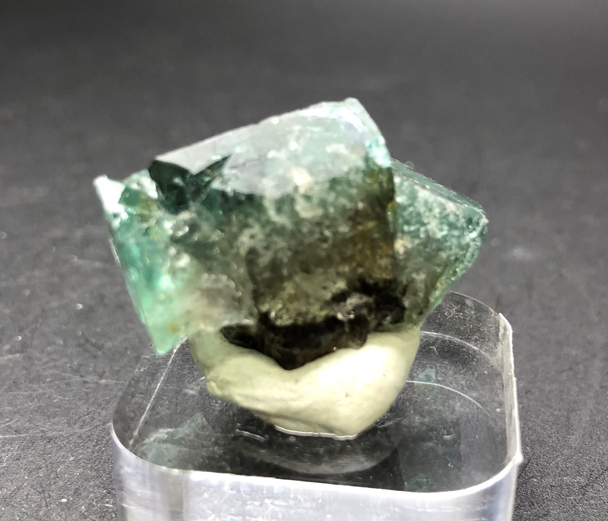 A detailed shot of a translucent green and dark fluorite crystal boasting sharp edges, elegantly set on a small stand. This piece, sourced from the famous Diana Maria Mine in Frosterley, Weardale, County Durham, England and offered by The Crystalary, beautifully captures light to emphasize its textured surface against a dark backdrop while exhibiting its unique daylight color-changing properties.