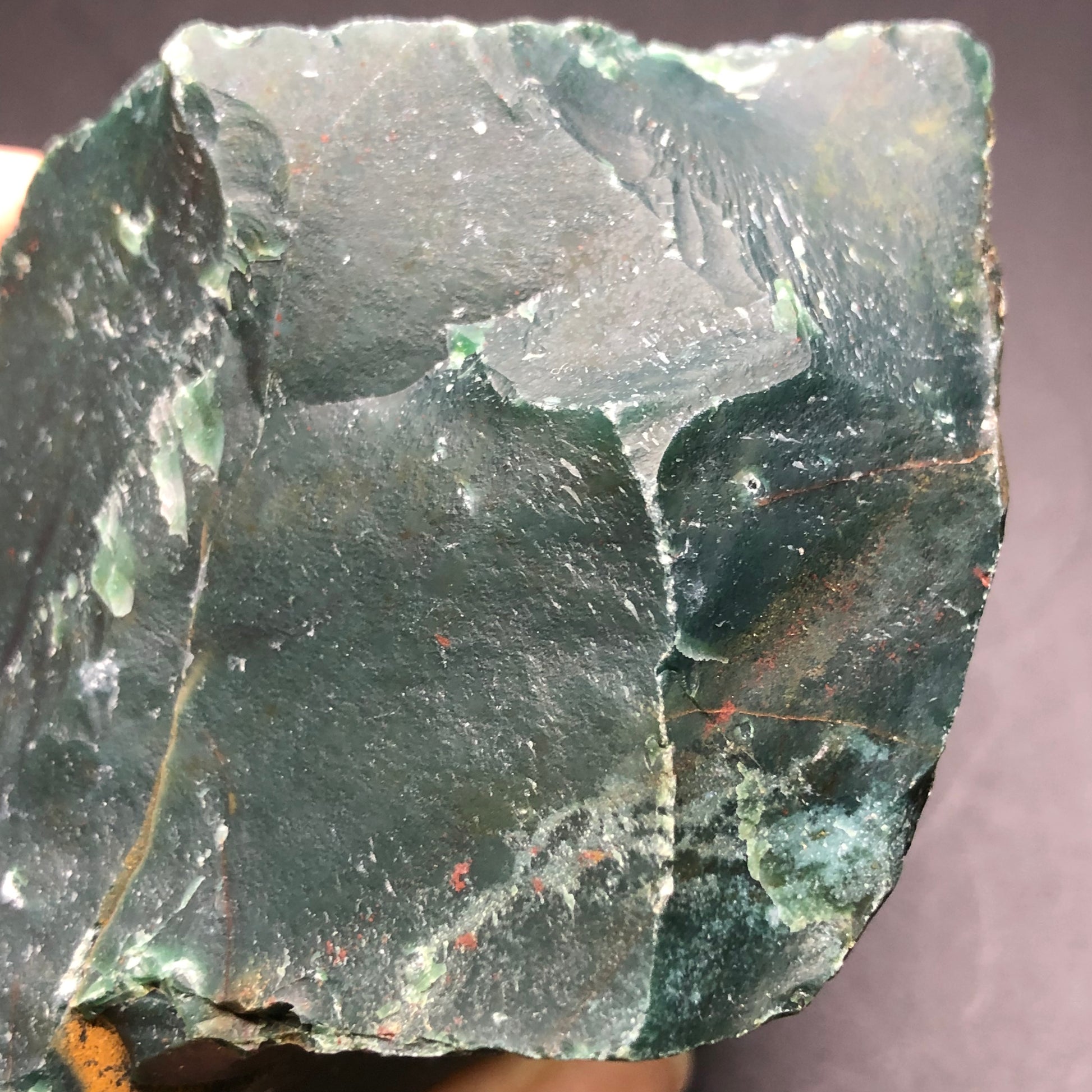 Close-up of the AUCTION- Bloodstone by The Crystalary, featuring sharp edges and visible surface textures. This raw stone showcases a blend of darker and lighter green patches, highlighted by scattered reddish spots.