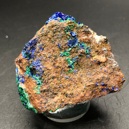 An impressive rock from The Crystalary's collection, showcasing vibrant azurite and malachite mineral deposits, rests on a small pedestal against a dark background. The minerals stand out in stark contrast to the rock's earthy texture, echoing treasures unearthed from the Apex Mine in Utah.