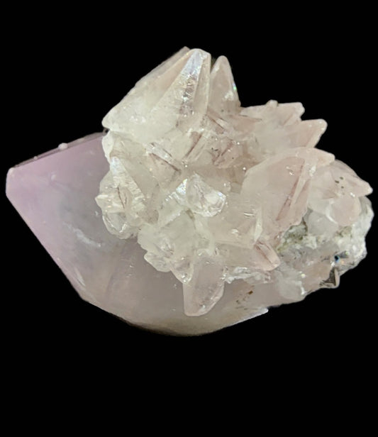 The Crystalary's Quartz v. Amethyst, Calcite- Tonglushan Mine (sku 3106) features a large translucent pink quartz crystal with smaller sharp-edged crystals on top, set against a black background, exhibiting an iridescent look reminiscent of amethyst.