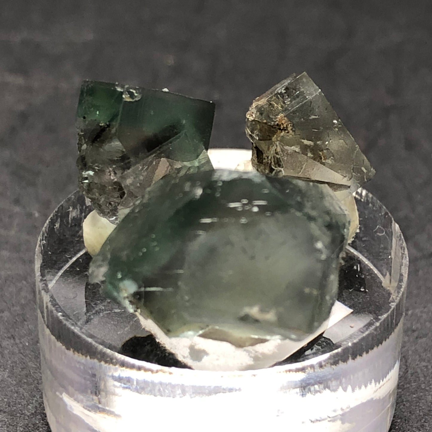 Close-up of three rough, sharp-edged gemstones from the Lady Annabella mine, part of The Crystalary's AUCTION-Fluorite collection from the Rainbow's End Pocket, reflecting light on a clear display stand against a dark background.