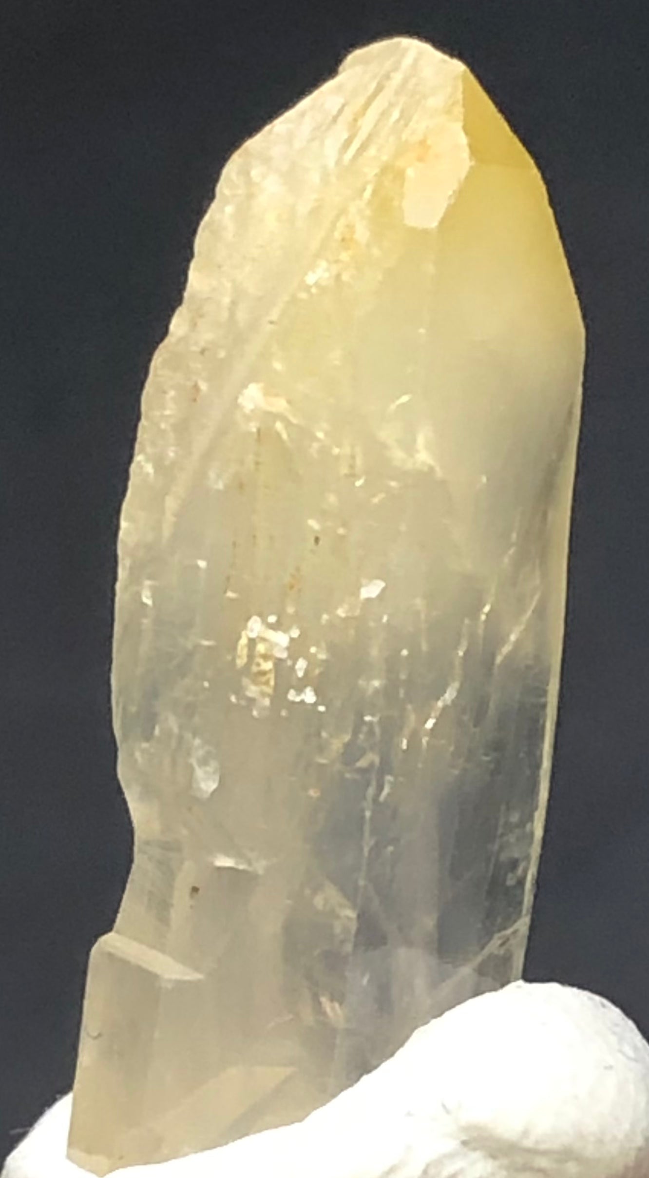 A close-up of The Crystalary's AUCTION- Quartz w/ Halloysite from Cabiche, Quípama, Colombia shows a clear, slightly yellow crystal with a pointed tip. It stands upright against a dark background, supported by white material at the base. The surface reveals natural facets and textures.