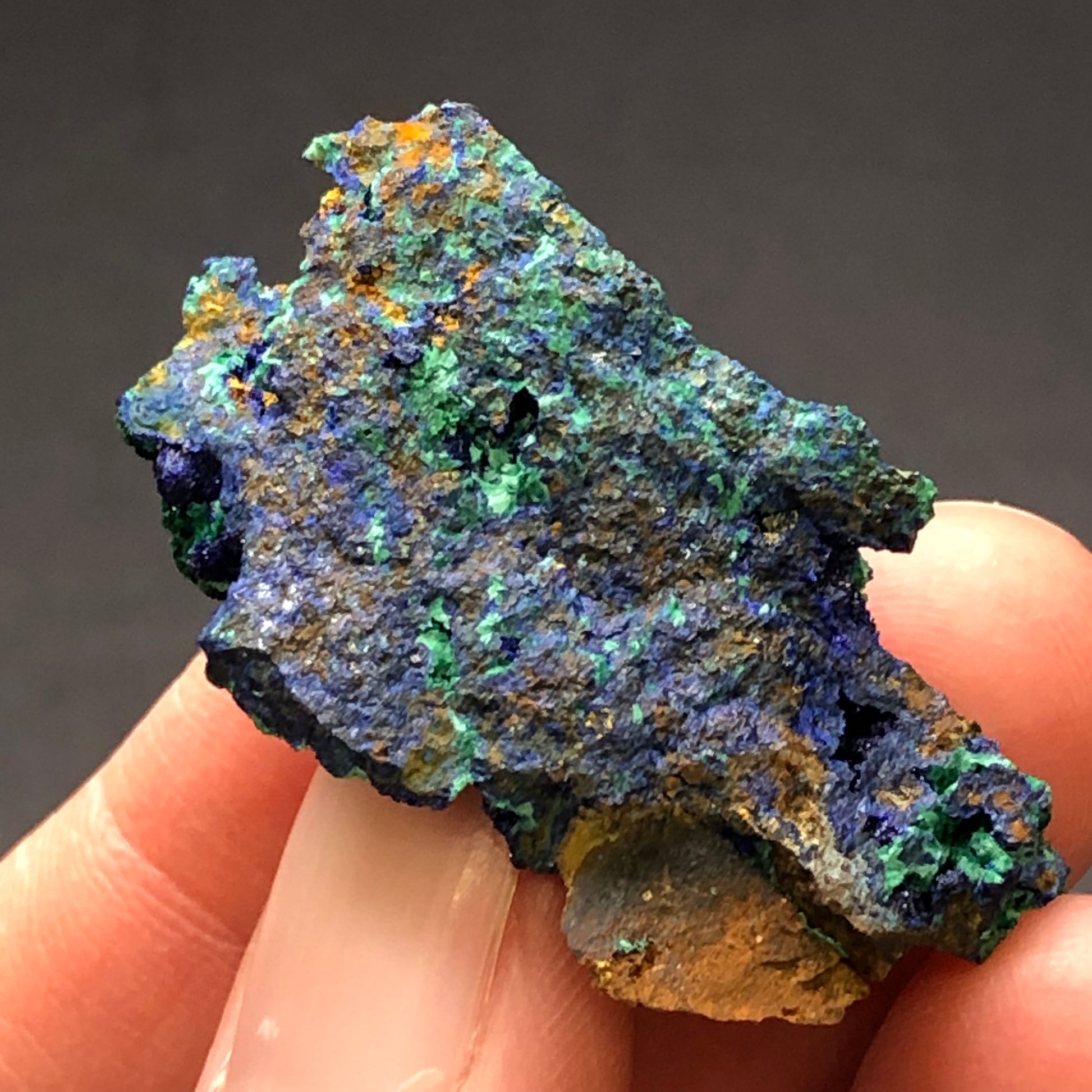 A hand tenderly holds The Crystalary's Auction: Azurite Malachite from Bisbee, Cochise County, Arizona. Its vibrant blue and green hues with textured surfaces glisten like hidden treasures against a dark backdrop, highlighting the vivid colors and intricate details.