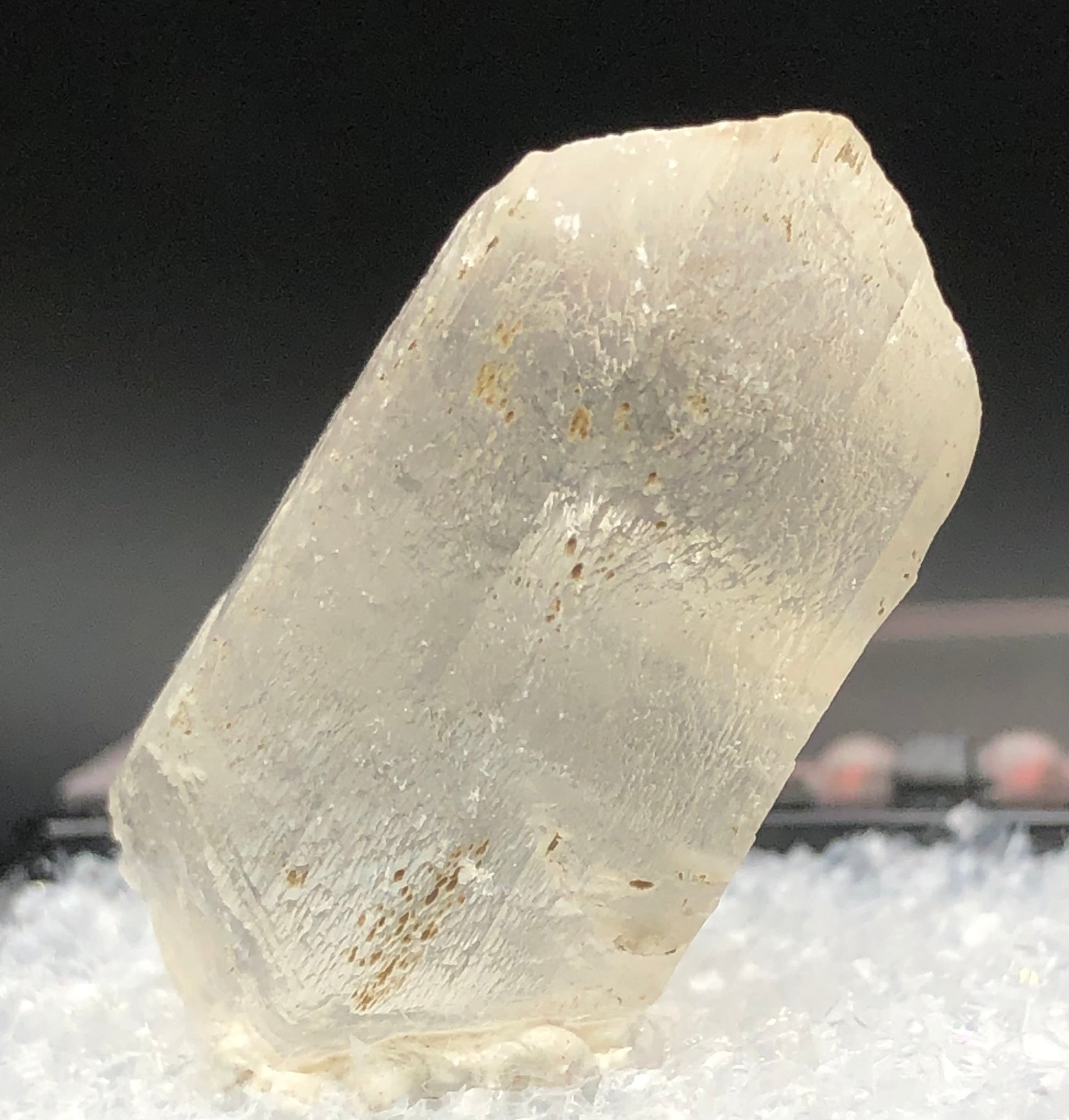 A detailed view of *AUCTION- Selenite- Willow Creek, Nanton, Alberta, Canada* by The Crystalary shows a translucent crystal with a rough, angular form resting on a white surface. The selenite displays a pale beige color with subtle textures and small brown inclusions scattered throughout.