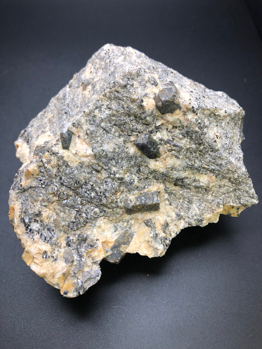 A product from The Crystalary, the AUCTION- Corundum originating from the Elk Creek Corundum Deposit in Gallatin County, Montana, showcases dark rectangular corundum crystals embedded in a rough gray and white mineral rock, elegantly displayed on a dark background.