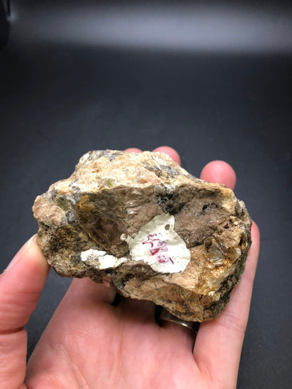 A hand holds a rough rock with a small, shiny pink and white mineral formation embedded in it, featuring the remarkable AUCTION- Wilsonite- Canada mineral specimen by The Crystalary against a dark background.