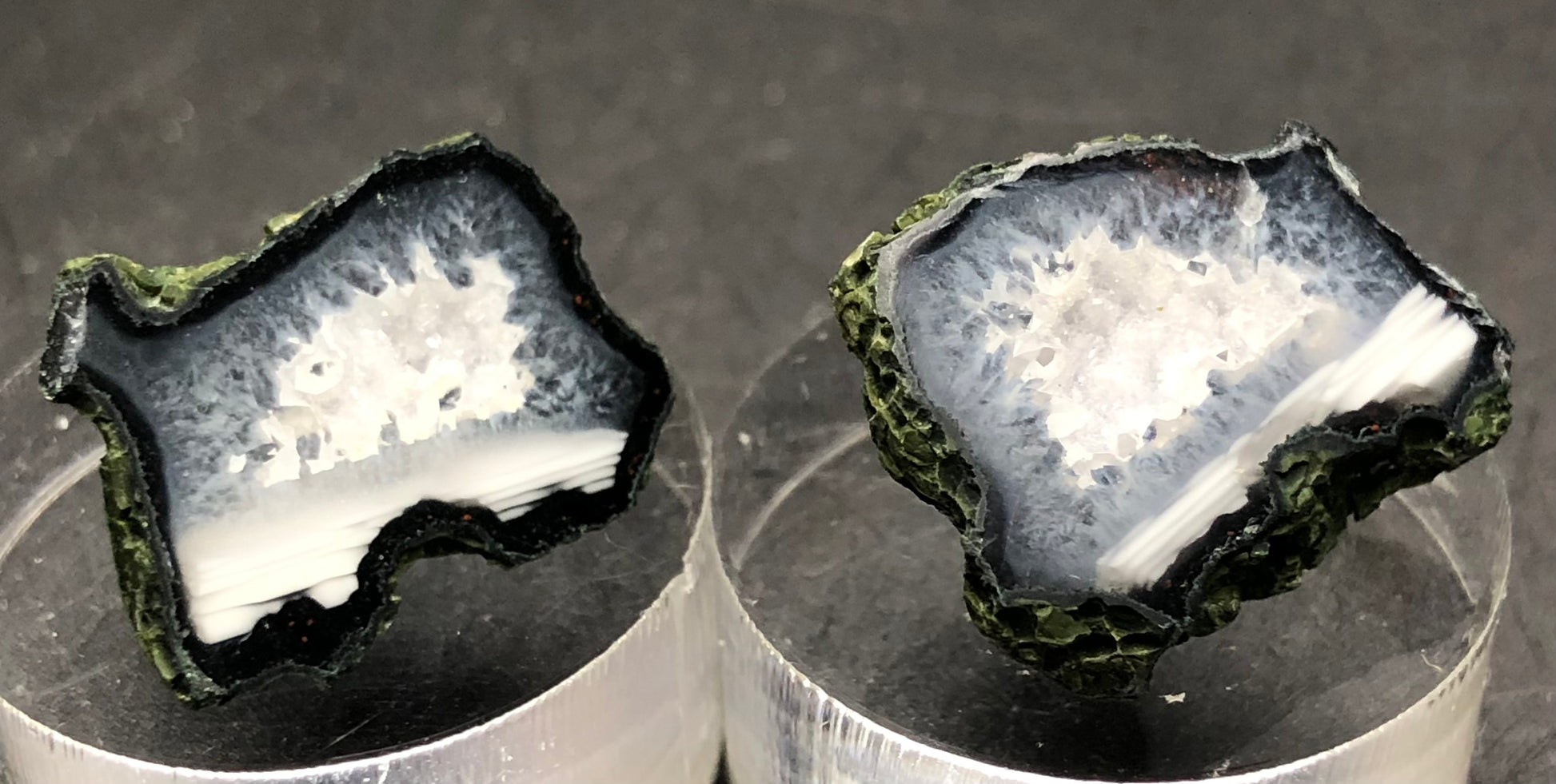 Close-up of two slices resembling AUCTION- Tabasco geodes from Tabasco, Mexico by The Crystalary, featuring dark green outer layers and vibrant crystalline druzy quartz centers, displayed on clear stands against a black background.