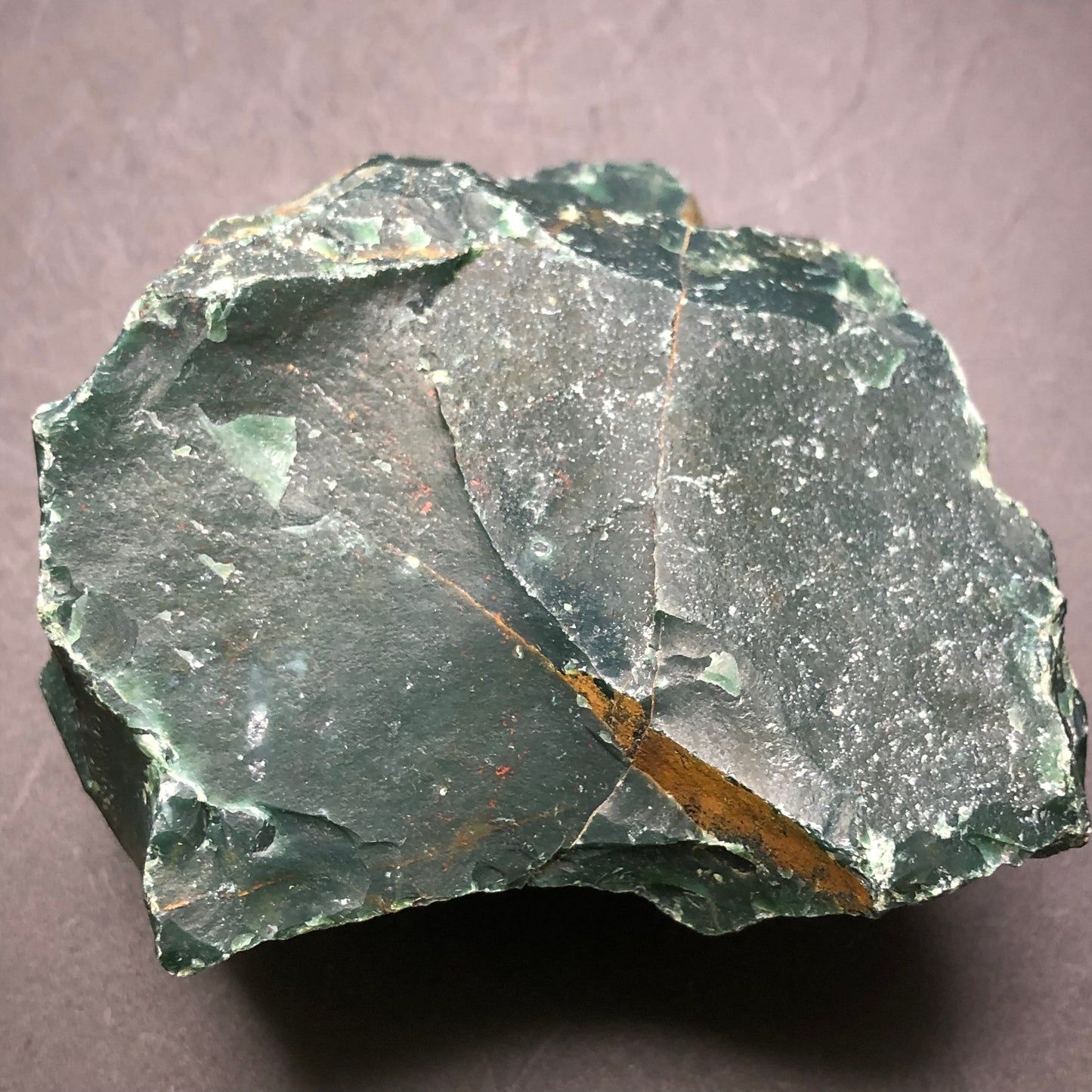 A close-up image showcases a significant, rugged dark green bloodstone from the "AUCTION- Bloodstone- unk locality" collection by The Crystalary, set against a plain background. The stone's surface displays natural fractures and a combination of smooth and jagged edges, emphasizing its earthy texture and rich green color.