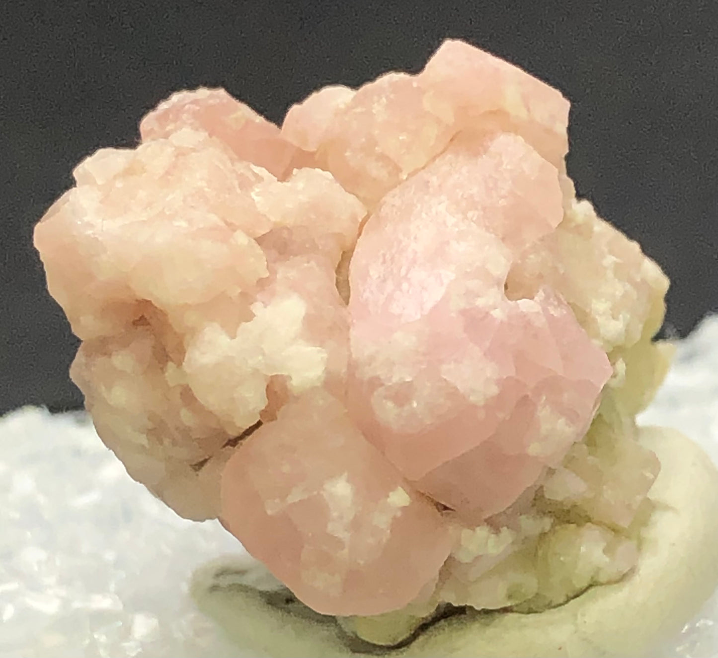 Close-up of Grossular Garnet crystals from Morelos, Mexico, by The Crystalary. These light pink minerals feature a rough surface against a blurred dark background and possess a soft, delicate, slightly translucent appearance.