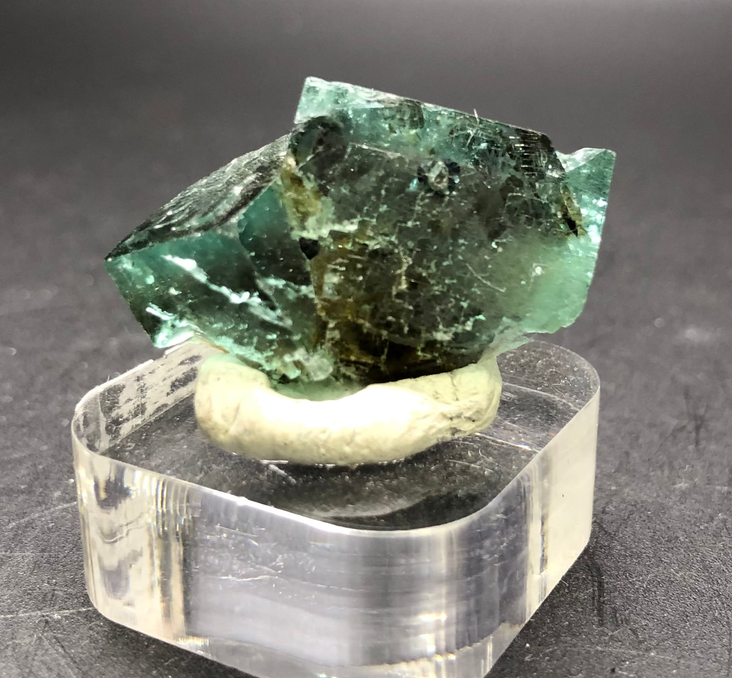 A stunning specimen from The Crystalary, the AUCTION- Fluorite from Diana Maria Mine, Frosterley, Weardale, County Durham, England, rests elegantly on a clear acrylic stand against a dark backdrop. This translucent blue-green gem boasts rough edges and irregular surfaces that enchant with their captivating daylight color-changing properties.