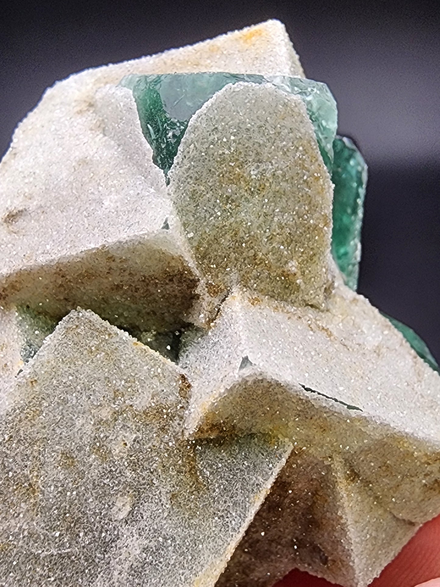 Close-up of The Crystalary's Fluorite- Druzy Dreams Pocket from Rogerley Mine, Frosterley, Weardale, Co. Durham, England. This emerald green fluorite mineral specimen features cubic crystal formations coated with a thin layer of white sandy matrix. The sharp-edged crystals boast a glassy appearance that contrasts beautifully with the rougher and more textured surface of the surrounding matrix. Hidden druzy quartz adds an enchanting sparkle to this captivating piece.