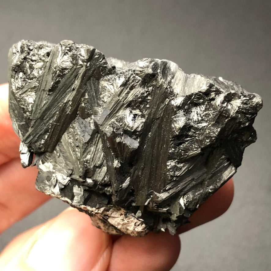 A hand holds a rough specimen of The Crystalary's AUCTION-Pyrolusite from Elgersburg, Ilm District, Thuringia, Germany, showcasing its radiating crystals and striations against a plain gray backdrop.