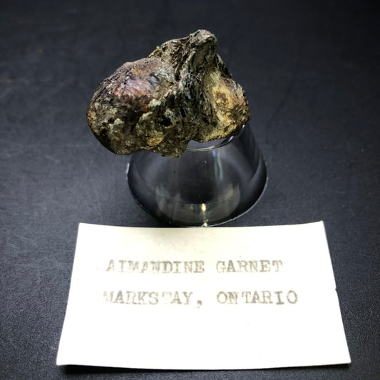 An Almandine Garnet from Markstay, Ontario, gleams with a metallic sheen on a clear stand against a dark backdrop. A label reads "AUCTION- Almadine Garnet- Markstay, Ontario, Canada" by The Crystalary.