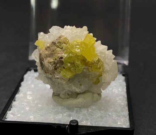 A close-up of the AUCTION- Sulfur, Calcite from Maybee Quarry by The Crystalary features clusters of translucent calcite and vibrant yellow sulfur crystals, set on a small display stand against a dark background. This stunning specimen hails from the renowned Maybee Quarry in Exeter Township, Monroe County, Michigan, USA, showcasing its natural beauty.