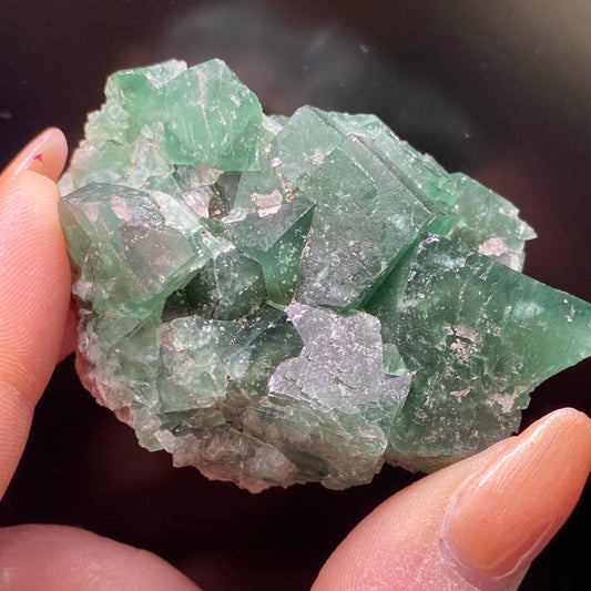 Close-up of a person's fingers holding a green, translucent Fluorite crystal cluster from the Northern Lights Pocket at the Diana Maria Mine, Co. Durham, England against a dark background. The crystal has sharp edges and irregular shapes, with some white and pinkish mineral deposits on its surface. This unique specimen is from The Crystalary collection.