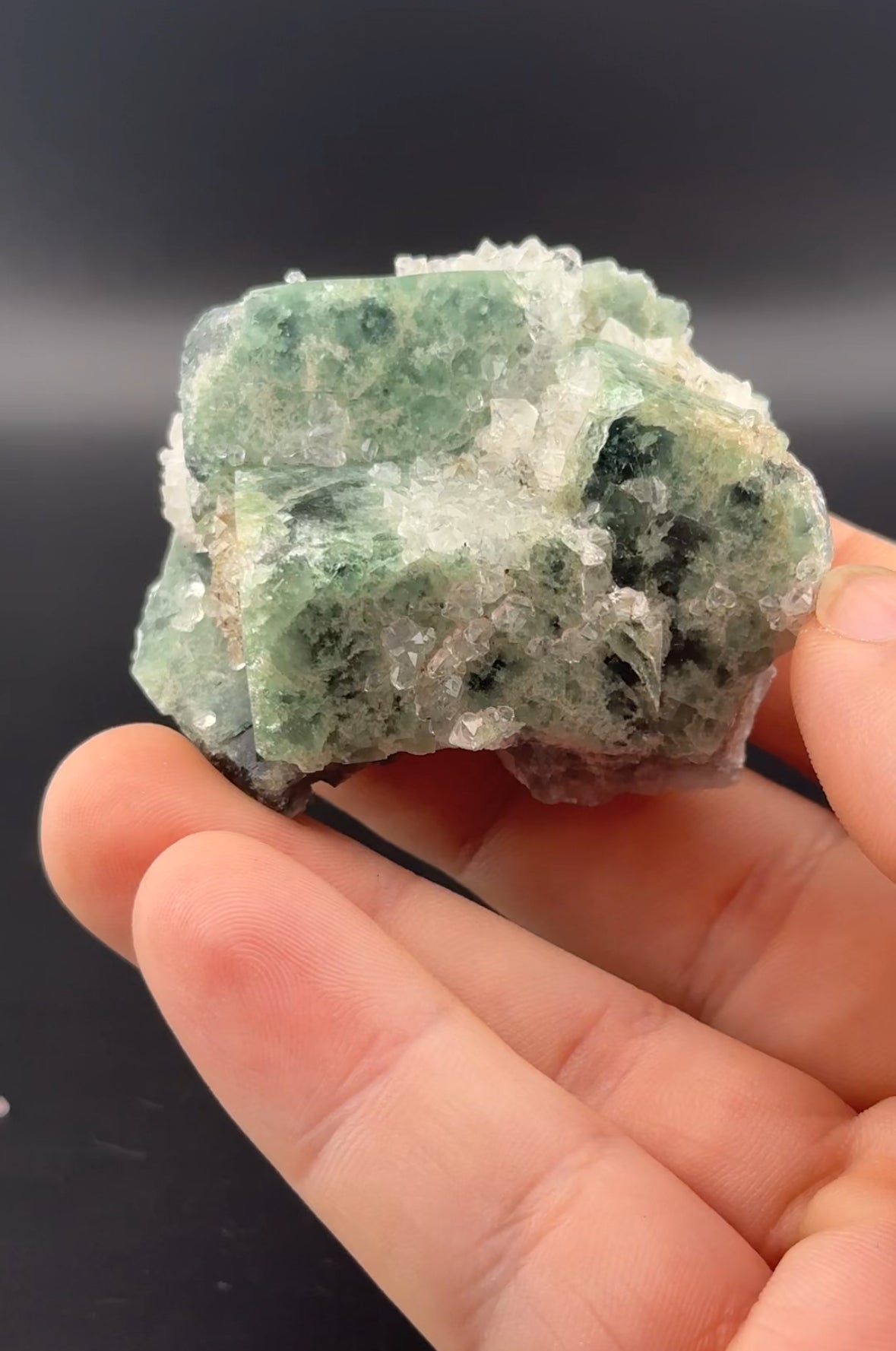 A hand holds a stunning LIVE-Winzalite-12/19/24 specimen from The Crystalary, showcasing its rough green mineral with clear crystalline formations against a dark background.