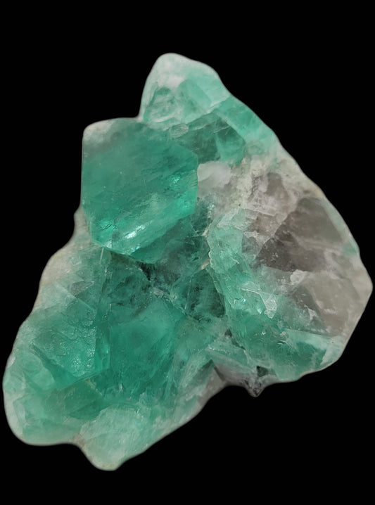 A close-up of a minty green fluorite crystal from The Crystalary, specifically the El Papiol piece from Catalunya, Spain, displays its translucent facets and smooth surface against a black background, highlighting its natural, irregular shape.