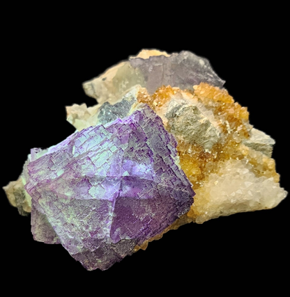 A vibrant display of New Mexico mineralogy is showcased in the Fluorite- Ice Cream Igloo Pocket from The Crystalary, featuring large purple fluorite crystals at its center, complemented by smaller yellow and white gems. The rough, crystalline surface stands out against a black background, reflecting a rich mineralogical history.