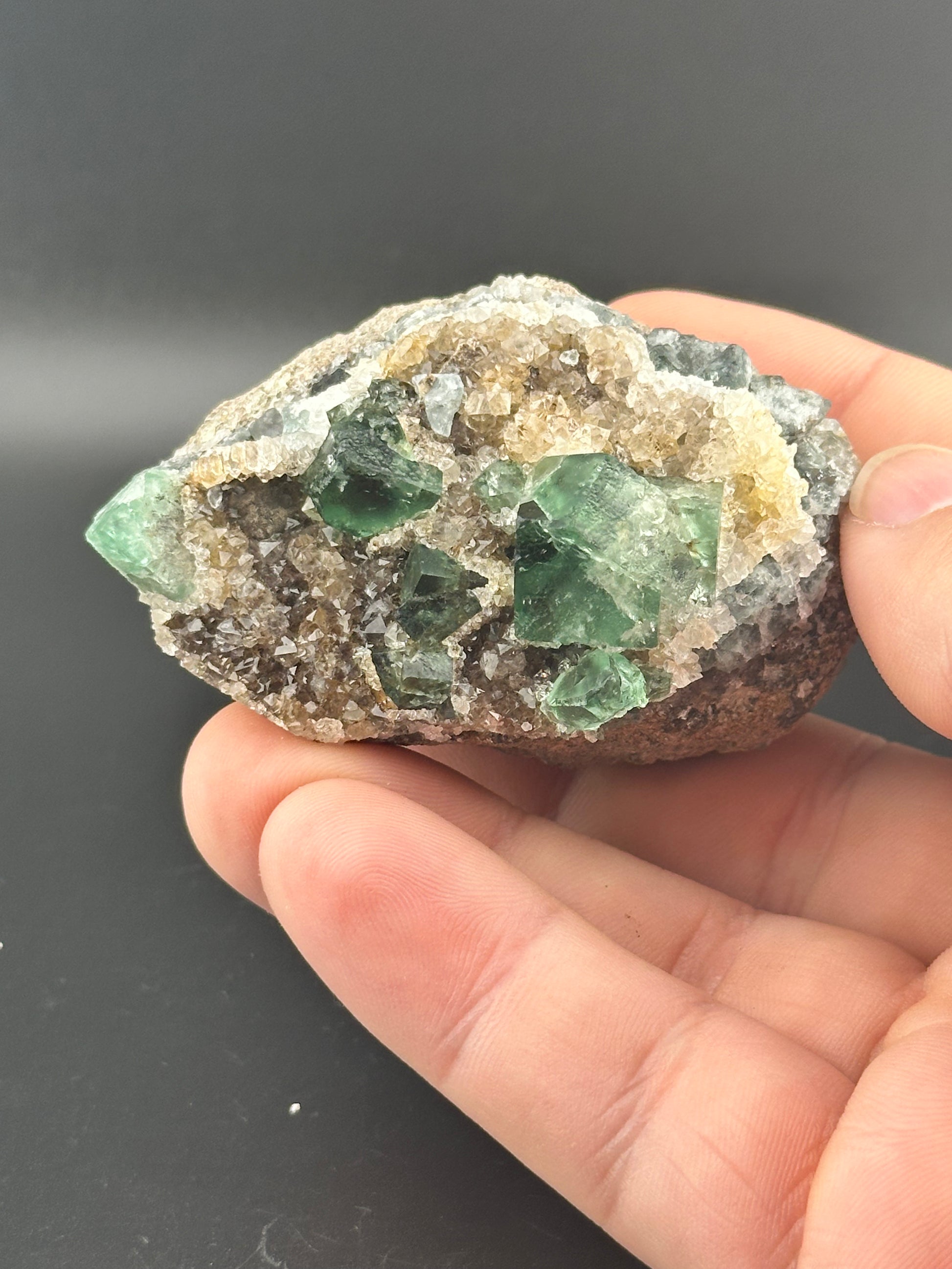 The Crystalary's LIVE- AutisticMedium- 12/5/24 features a hand holding a rock with green fluorite crystals set in a brown and gray matrix, reminiscent of rare Canadian Apatite, against a plain dark background.