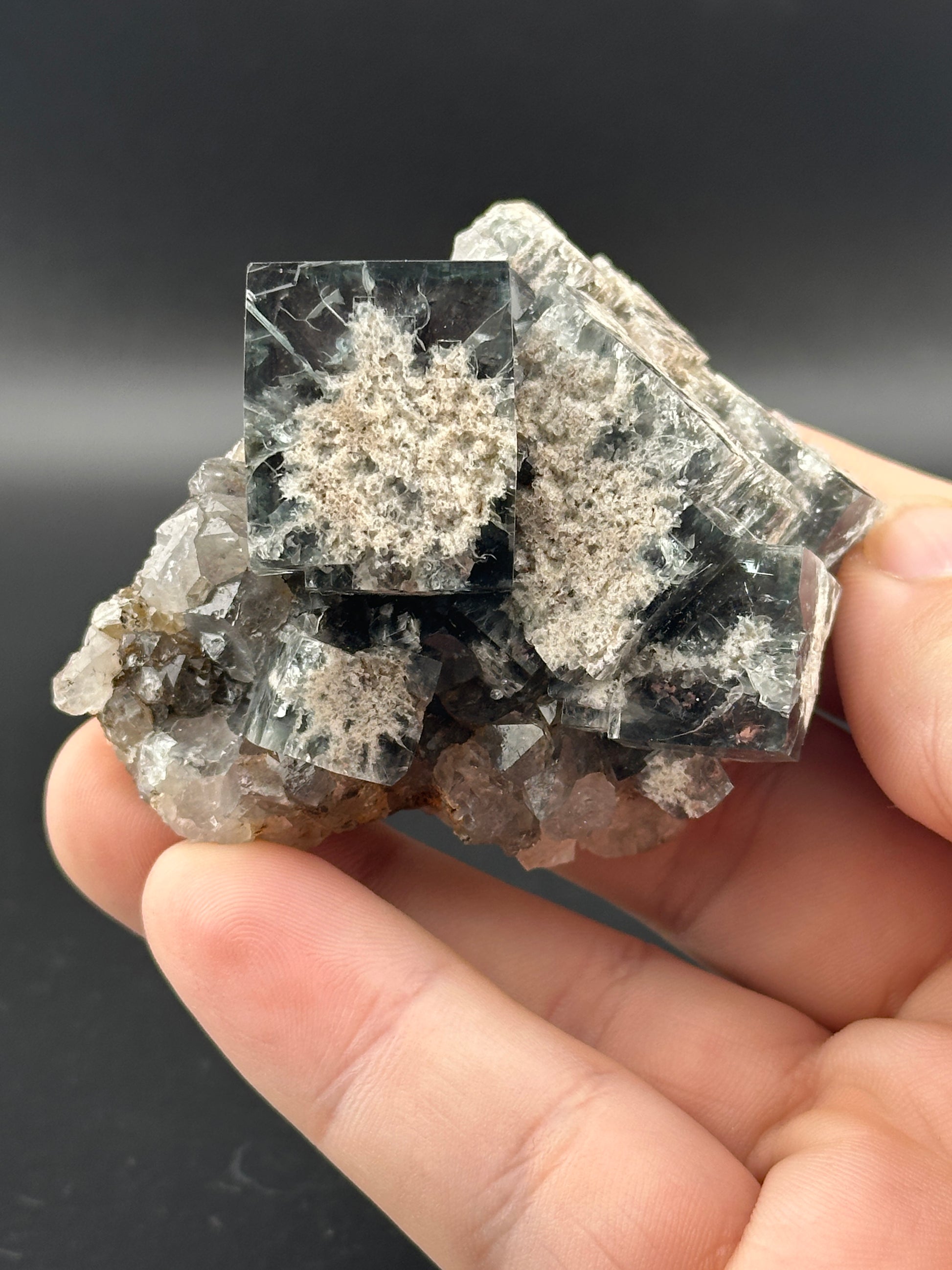 A hand holds a cluster of sharp-edged, dark, transparent Winzalite crystals with beige mineral deposits by The Crystalary. Set against a black background, the cubic-shaped crystals are surrounded by smaller, rougher formations, resembling treasures plucked from the earth.