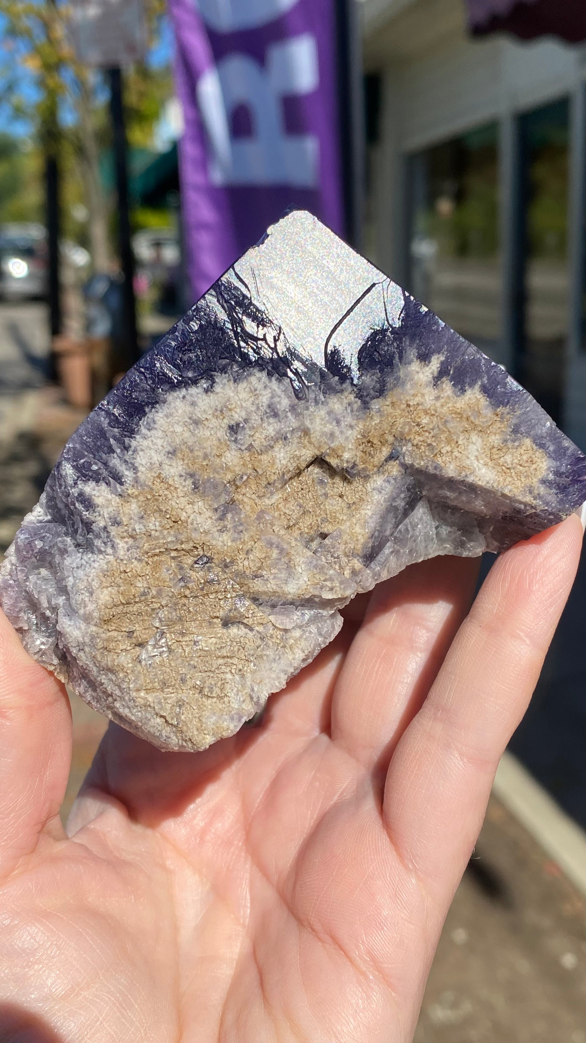 A hand displays an unpolished Fluorite mineral specimen from the Purple Rain Pocket, featuring a blend of purple, brown, and beige tones. In the background, blurred outdoor elements like a sidewalk and building are visible along with a purple vertical sign similar to those found near the Lady Annabella Mine. This exquisite piece is offered by The Crystalary under SKU 3020.