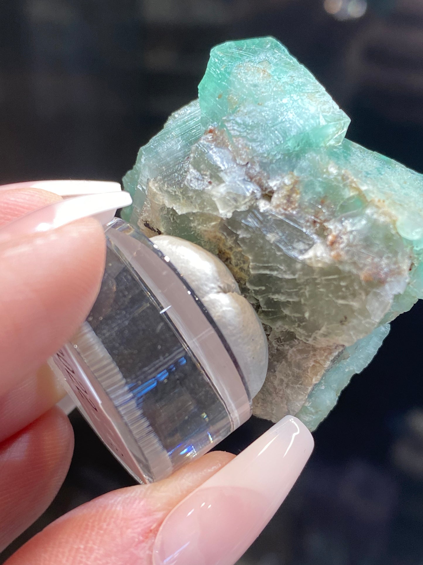 A close-up shot captures a person with long nails holding the "Fluorite- Minty Cheesecake Pocket" from The Crystalary, sourced from the Lady Annabella Mine. The specimen, mounted on a small clear stand, exhibits its translucent mint-green hue against a dark background.