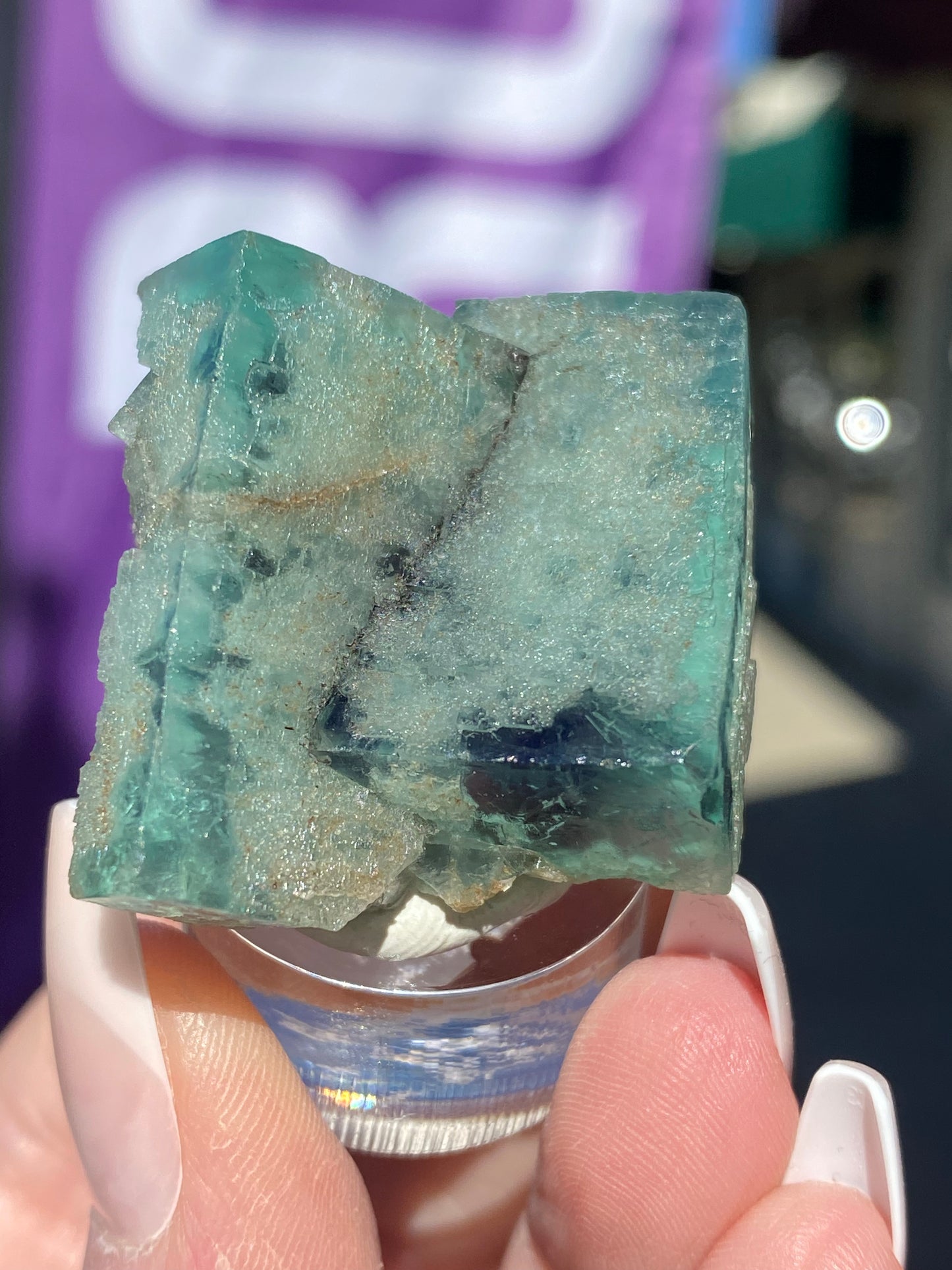 A hand holds a translucent mineral specimen with a minty cheesecake hue, displaying rough and crystalline surfaces. The sunlit background adds hints of purple and light, evoking the essence of a discovery from the Lady Annabella Mine. This exquisite piece is known as Fluorite- Minty Cheesecake Pocket from The Crystalary (SKU 3022).