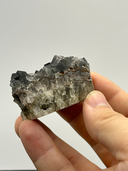 A hand holding The Crystalary's Fluorite - Yum Yum Pocket specimen from the Diana Maria Mine against a plain background. The specimen showcases a variety of textures and colors, featuring a darker, crystalline layer on top and a rougher, lighter-colored base. It has jagged, translucent edges and intricate formations that exhibit daylight fluorescence.