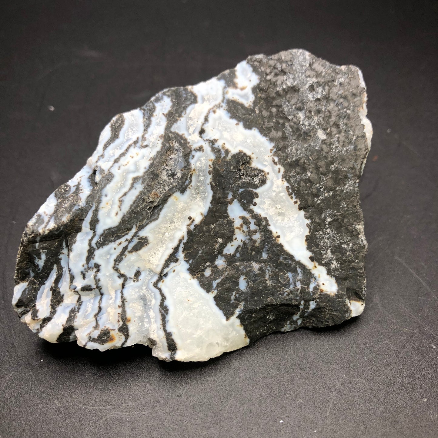 A piece from The Crystalary's "AUCTION Zebra Agate- unknown locality" collection, this remarkable specimen showcases irregular layers of white and dark gray mineral deposits set against a black backdrop. It features a rugged texture accented by prominent striations and self-standing druzy pockets, adding an extra layer of intrigue.