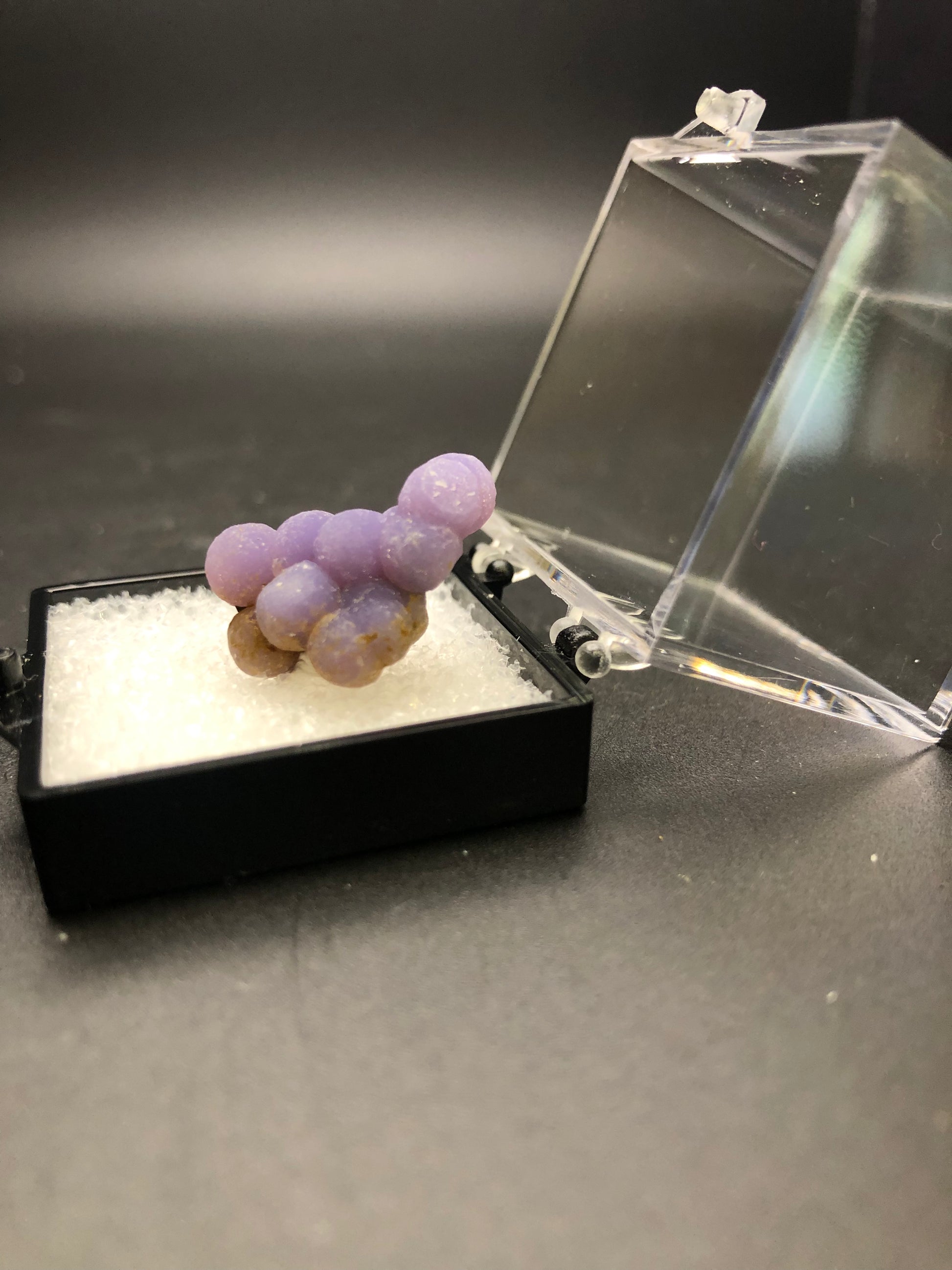 A small, grape-like cluster of **The Crystalary**'s **AUCTION Grape Agate** from Mamuju Regency, West Sulawesi Province, Indonesia is displayed in an open black and clear plastic case, resting on a bed of white cushioning material. The background is a solid dark color, highlighting the purple hues of the agate formation.