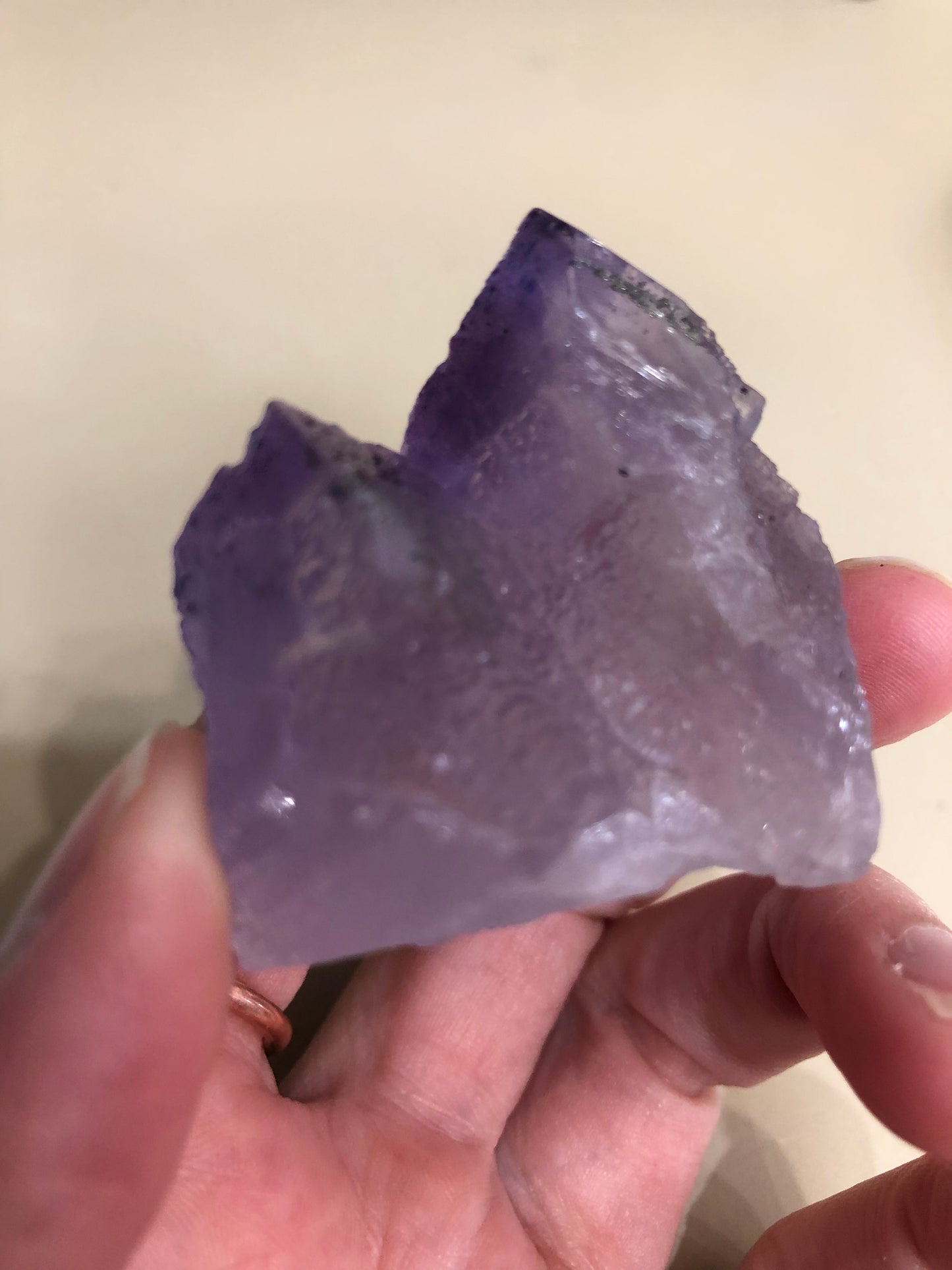 A hand holding a translucent purple crystal with an irregular, jagged shape. The LIVE- PrincessPelvis- 9/20/24 from The Crystalary has a slightly rough texture and appears to be made of amethyst or fluorite mineral. It is set against a background resembling the plain, light-colored surface of a rock formation cave.