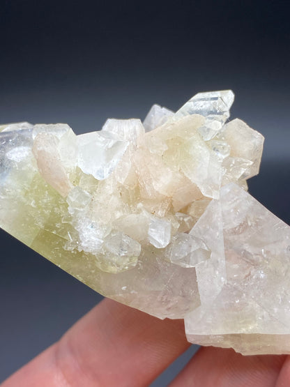 A close-up image showcases a hand holding a cluster of The Crystalary's Apophyllite and Stilbite from the Lonavala Quarry in Pune District, Pune Division, Maharashtra, India. The irregularly shaped gemstones, with their translucent light green hue and clear crystals, catch the light beautifully, highlighting their intricate facets and delicate texture against a dark gray background.