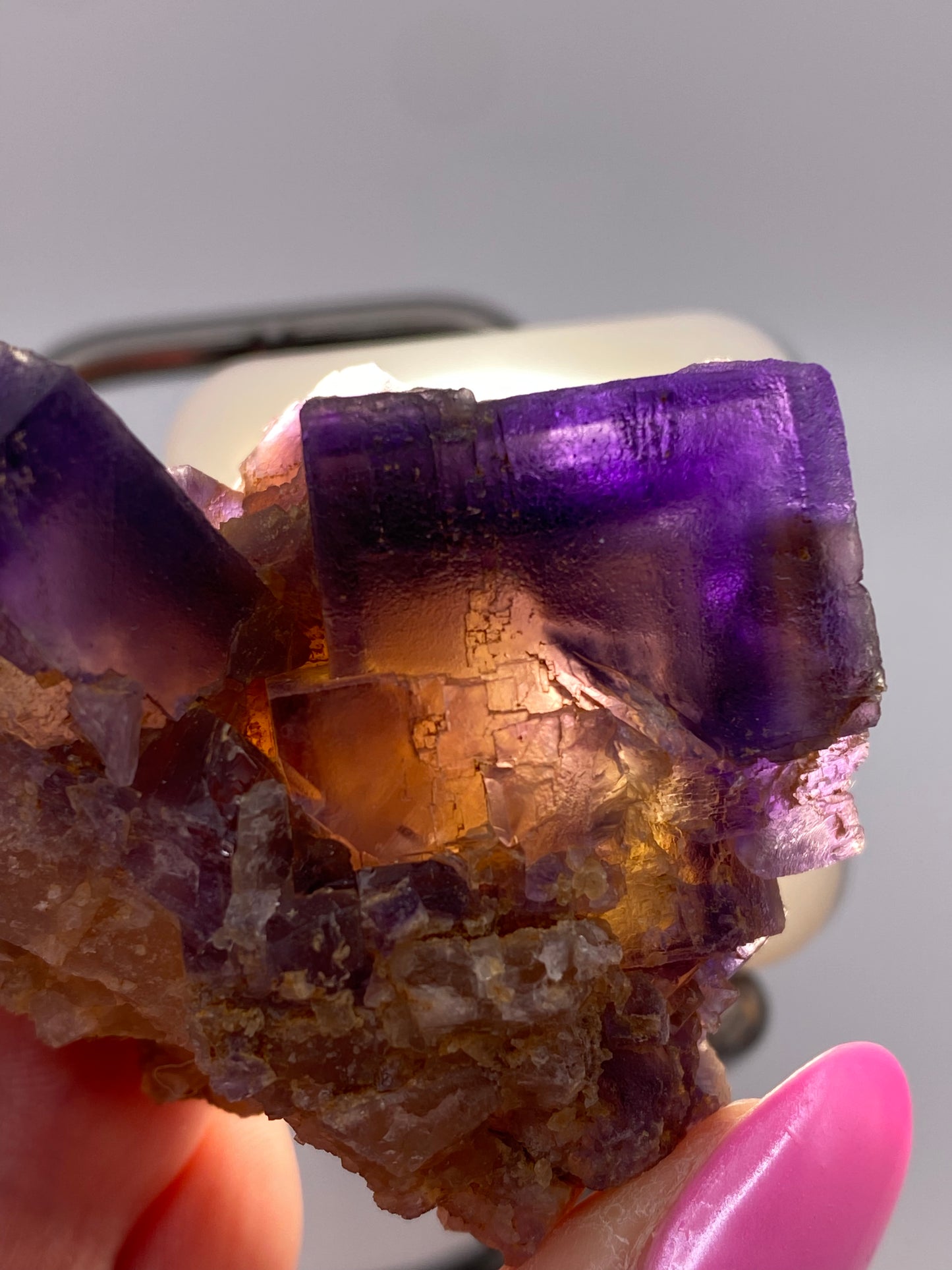 A person with pink-painted nails holds a cluster of Fluorite from Minerva Mine Number 1 in Hardin County, Illinois. This striking piece from The Crystalary features purple and yellow crystals with sharp edges and focal cubes, exhibiting a translucent quality that reveals intricate internal patterns. The background is blurred and neutral, perfectly showcasing the vivid colors of the fluorite.