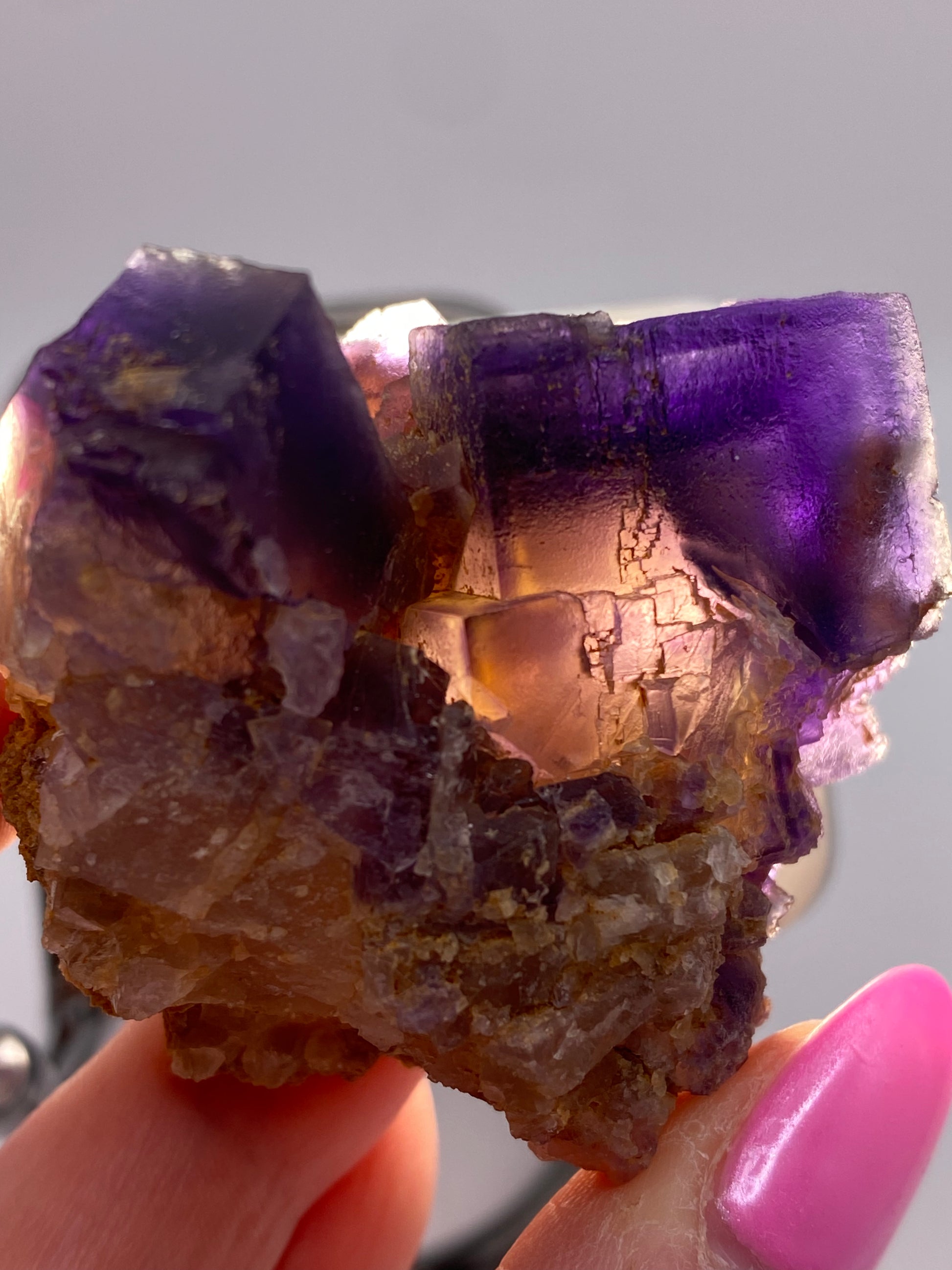 A close-up of a person's hand holding a multi-colored Fluorite from The Crystalary, sourced from Minerva Mine Number 1 in Hardin County, Illinois. The mineral displays transparent and purple hues with rough, jagged edges and a crystalline formation. The person has pink nail polish. Bright light shines through the Fluorite, highlighting its texture.