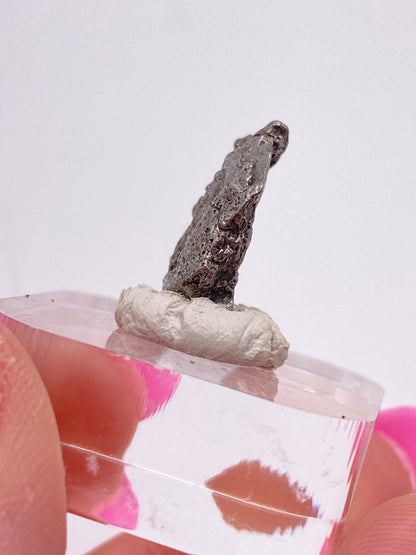 Close-up of a person's hand holding a small, dark, rough-textured Campo del Cielo Meteorite- Gancedo from Doce de Octubre Department, Chaco Province, Argentina by The Crystalary, mounted on a white base and affixed to a clear acrylic pedestal. The background is plain and out of focus, accentuating the rock specimen.