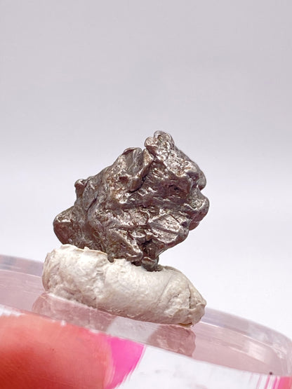 A small, irregularly shaped metallic nugget, identified as a Campo del Cielo Meteorite - Gancedo from The Crystalary, is displayed on a clear pedestal with a white tack-like substance holding it in place. The background is a simple, clean white, and part of a pink object is visible at the edge of the image.