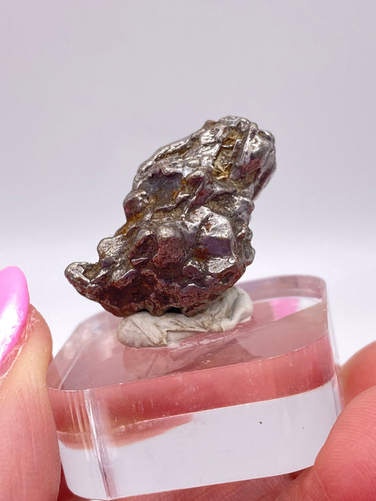 A person with pink-painted nails holds a small, irregularly shaped dark rock on a transparent stand. The rock, identified as the Campo del Cielo Meteorite from Gancedo in the Doce de Octubre Department of Chaco Province, Argentina by The Crystalary, appears rough and metallic. Both the iron meteorite and the stand are placed against a plain white background.