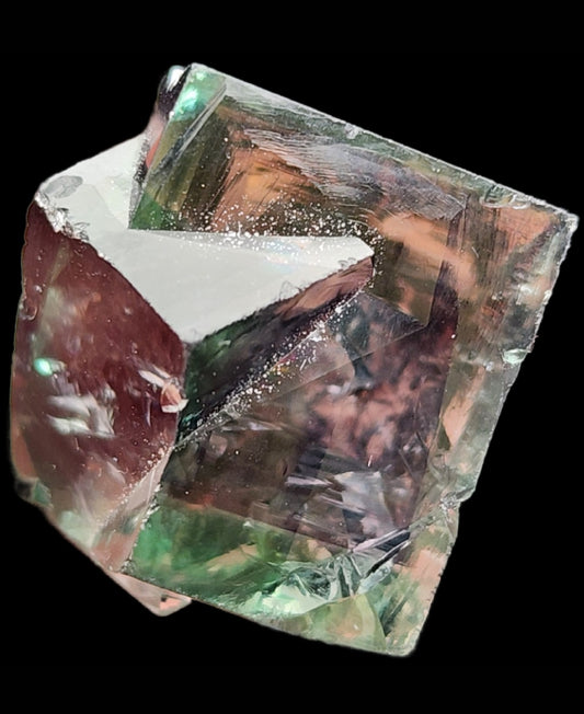 Close-up of The Crystalary's Fluorite Mini from the Diana Maria Mine in Frosterley, Weardale, Co. Durham, England, showcasing intricate geometric formations. This jewel miniature exhibits hues of clear, green, and pink with transparent and reflective surfaces that capture light. The black background highlights the crystal's vivid colors.