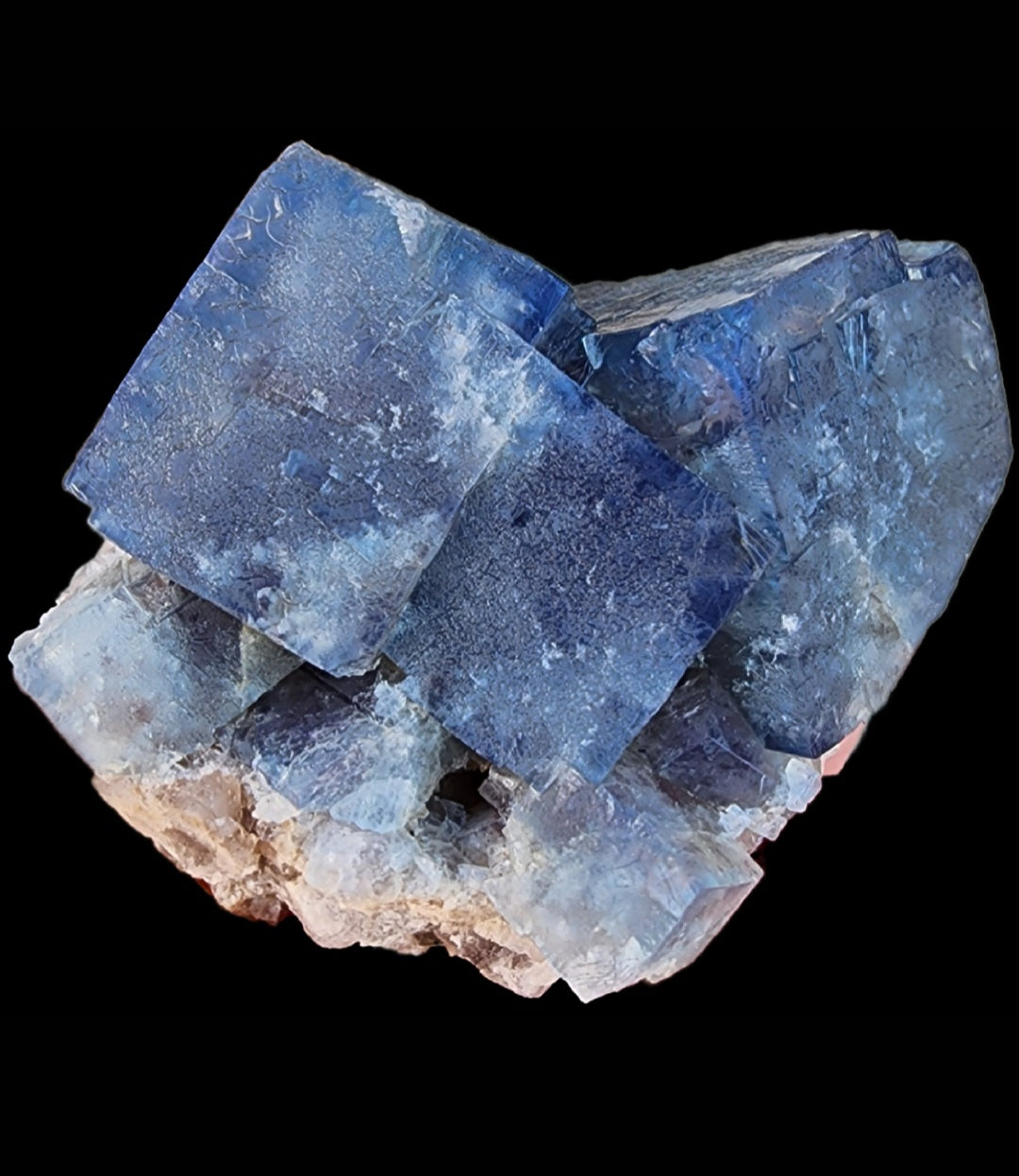 A cluster of cubic blue Fluorite- Fairy Holes Pocket crystals from the famed Lady Annabella Mine in Eastgate, Weardale, Co. Durham, England, is shown against a solid black background. The translucent crystals exhibit varying shades of blue with some white inclusions, creating a striking and intricate mineral formation. This stunning piece is featured by The Crystalary.